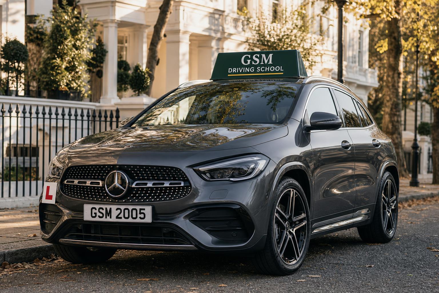 The GSM Driving School Mercedes-Benz GLA AMG Line with a green rooftop sign and GSM 2005 number plate, parked on a leafy West London street.